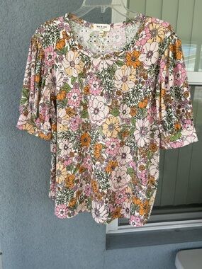Kim & Cami Floral Eyelet Top Size XL Cottagecore Prairie Breatheable Feminine